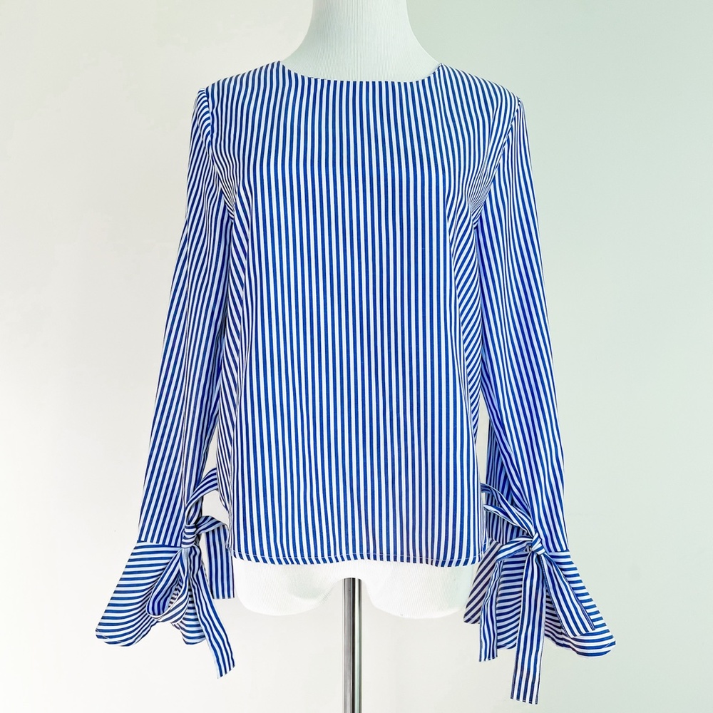 NEW J.O.A. classic stripe blue white long sleeve top blouse bell sleeves ties M